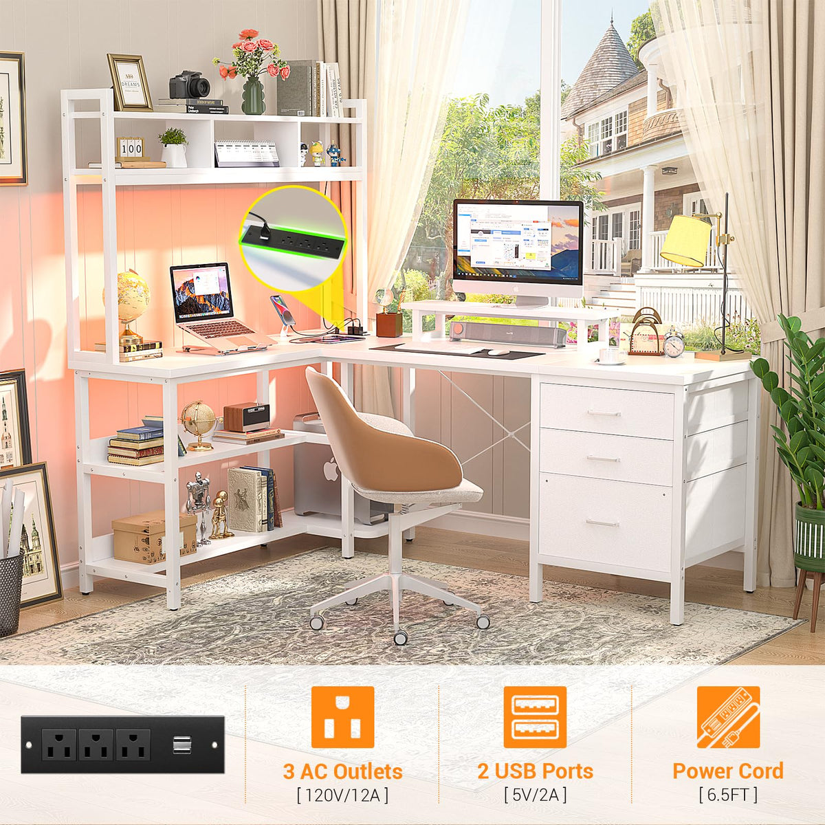 White L Shaped Gaming Desk with Hutch and Led Lights T5861