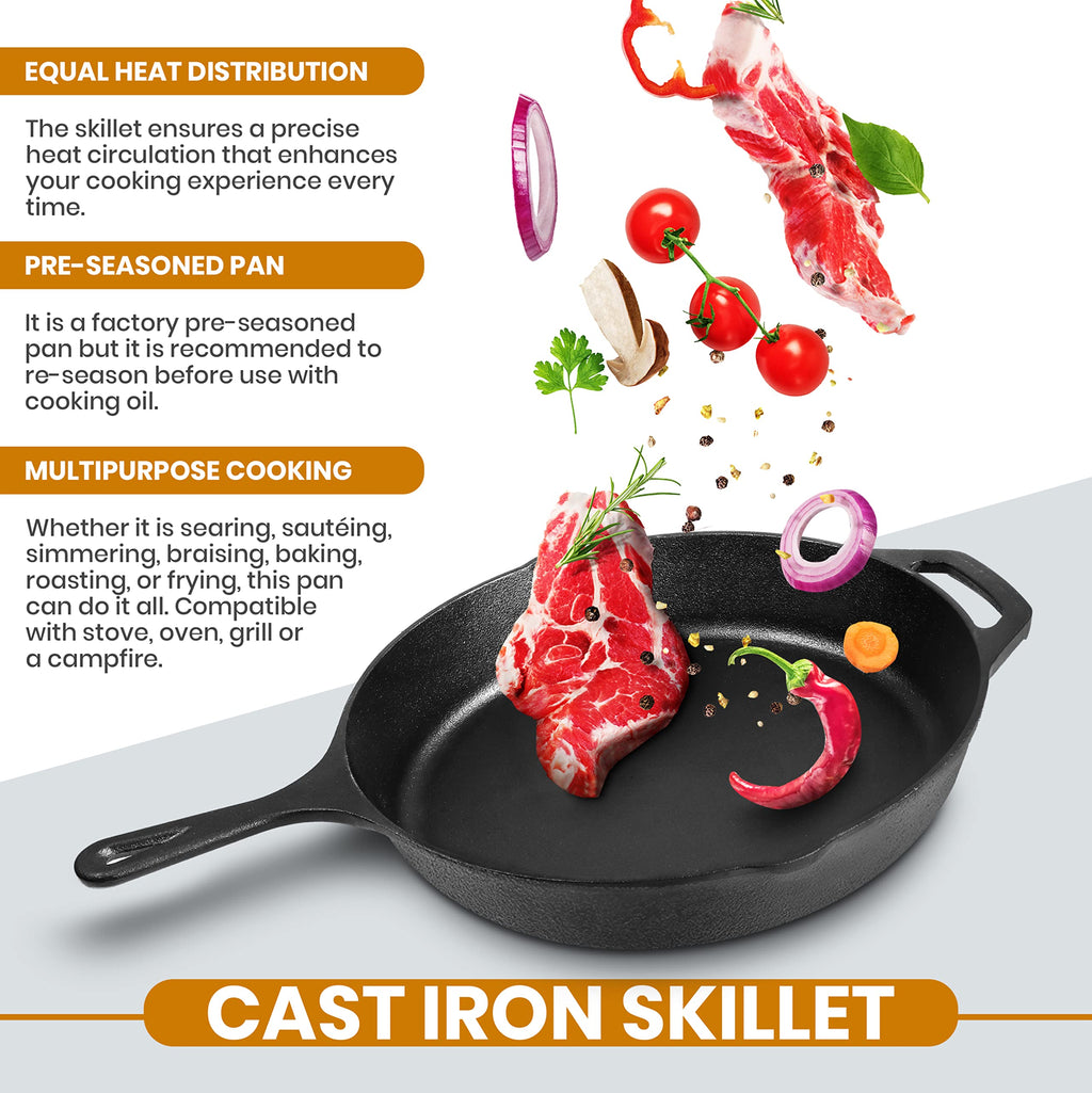 Cast Iron Skillet 10 Inch with Lid Black K258