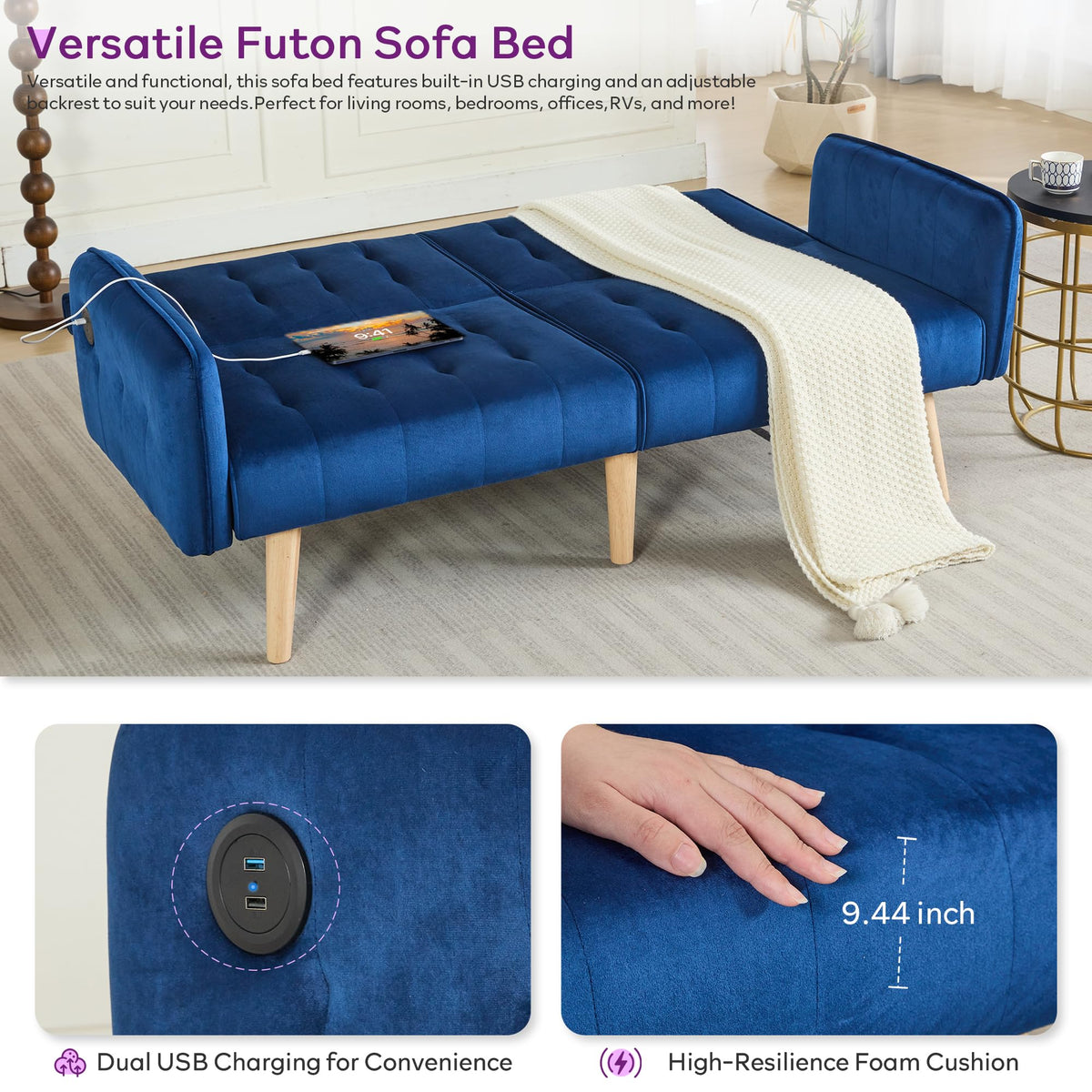 65'' Convertible Futon Sofa Bed with USB G94032