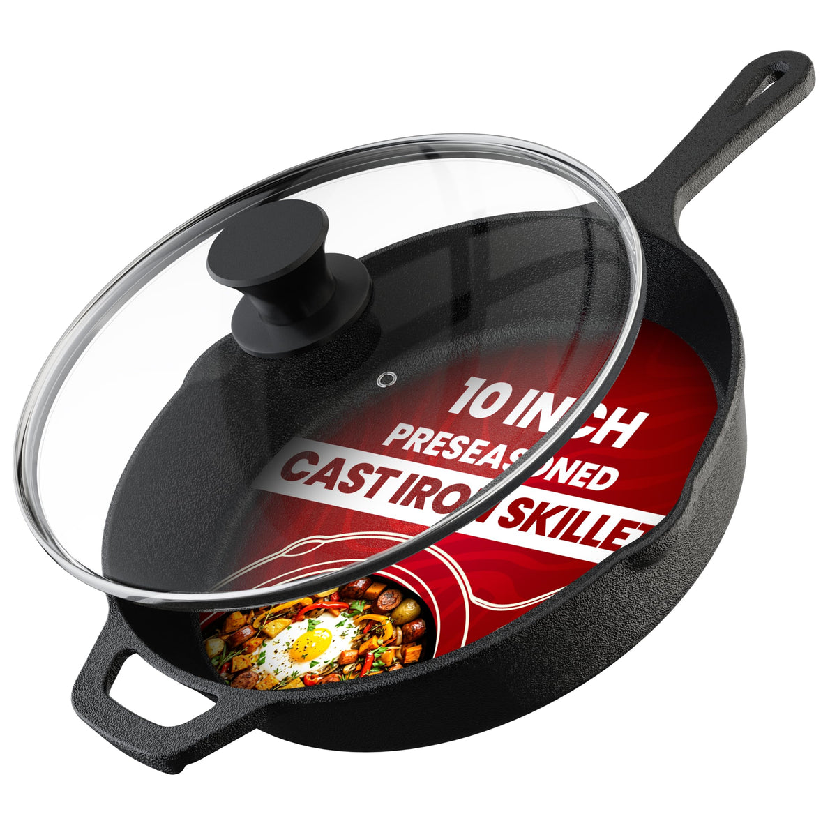 Cast Iron Skillet 10 Inch with Lid Black K258