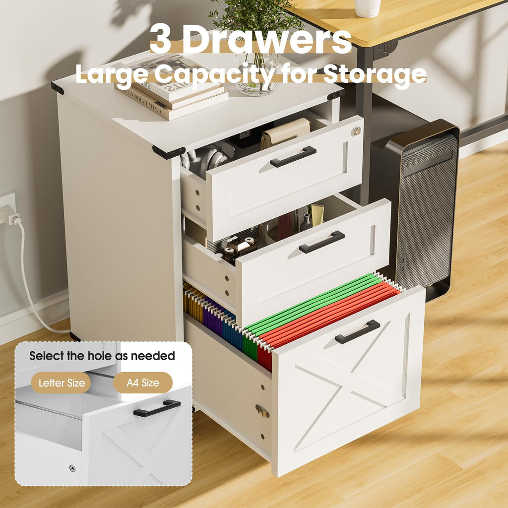 Small Wood File Cabinet with Charging Station and Lock, 3 Drawers Z414228