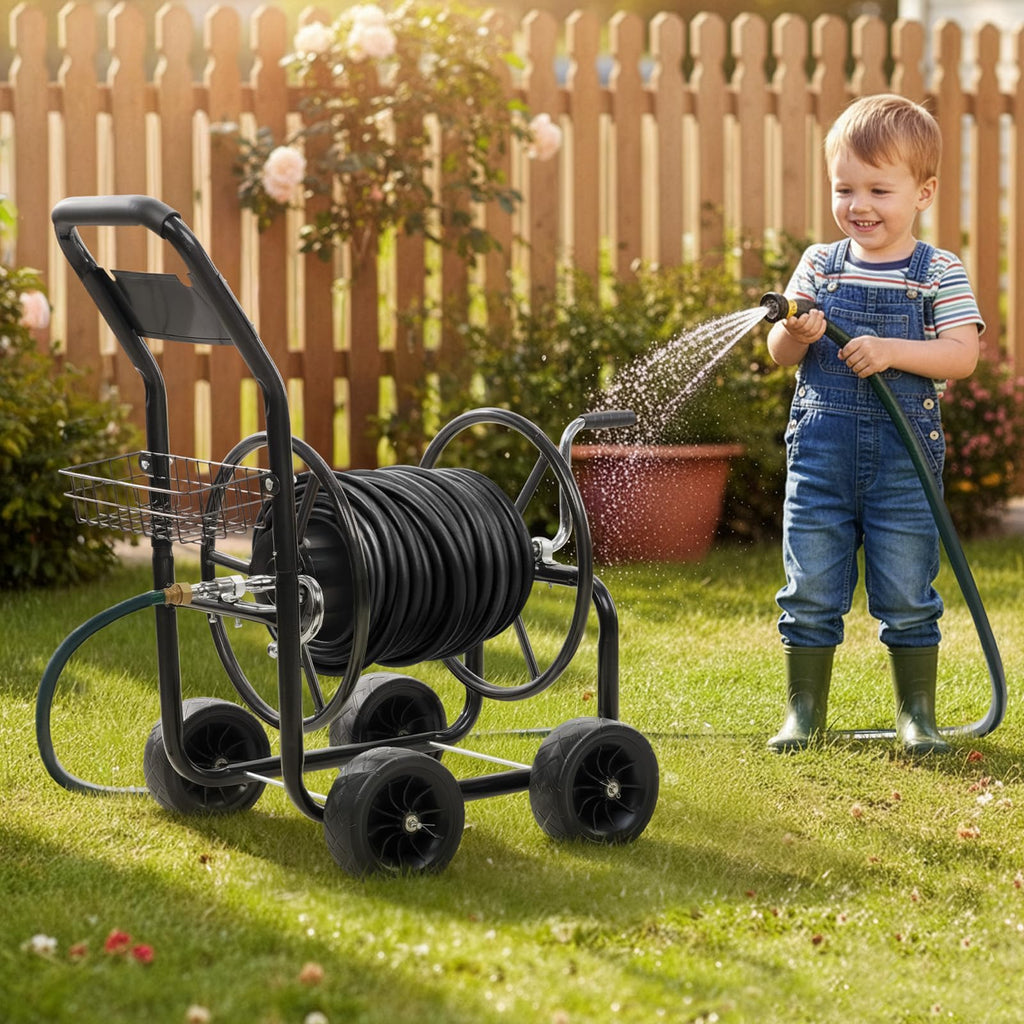 4-Wheel Portable Garden Hose Reel Cart with Storage Basket X791801