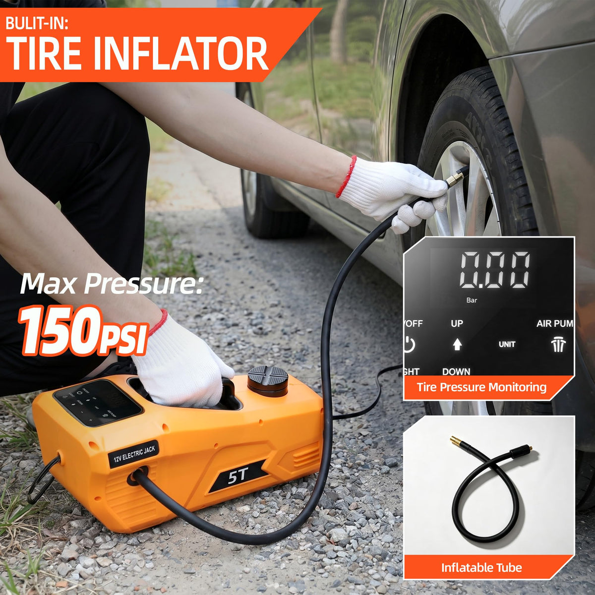 5 Ton 12V Electric Car Jack Kit with Impact Wrench and Tire Inflator Pump G68542