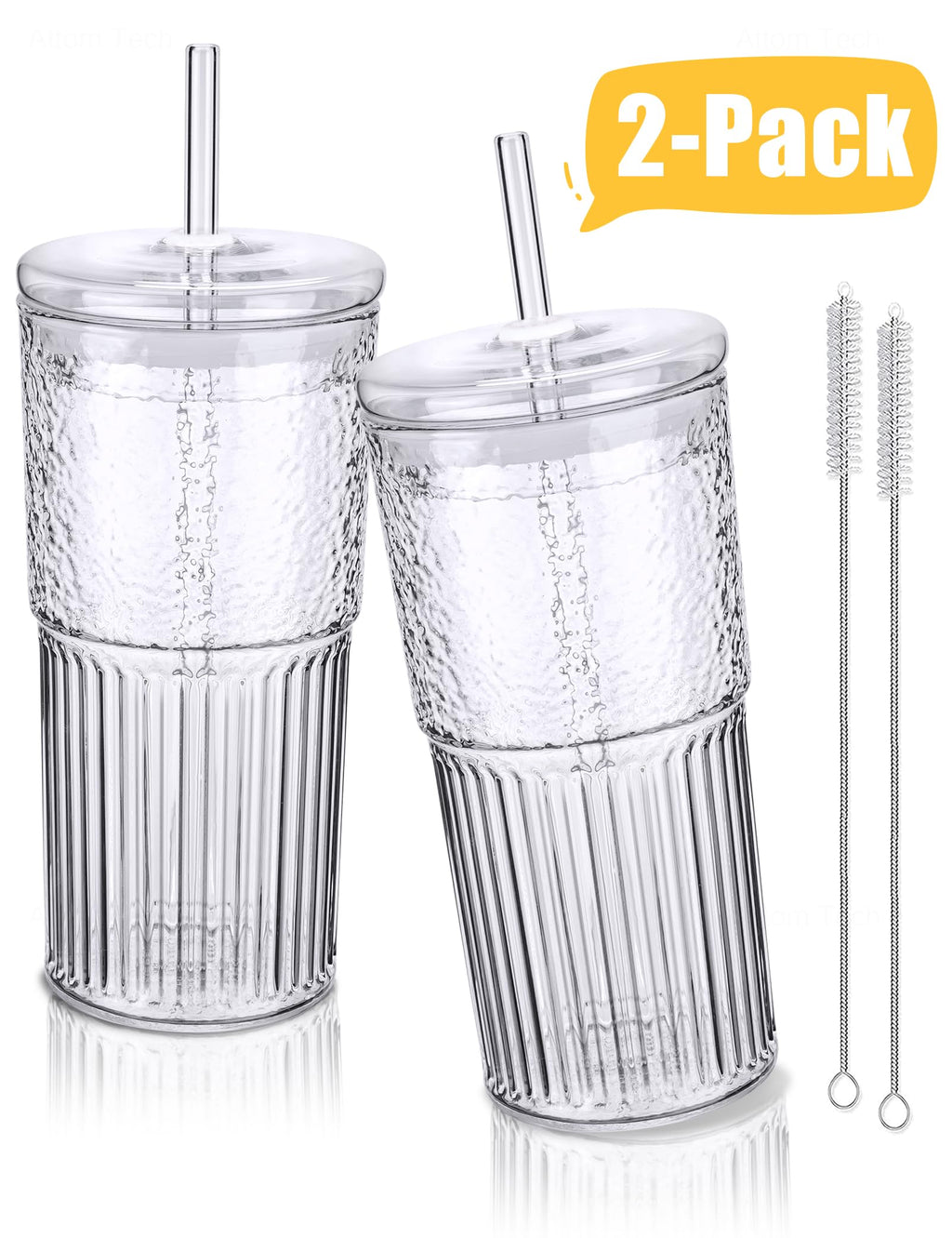 High Borosilicate Glass Tumbler Cup with Lid and Straw, 22oz Clear 2 Pack I330865