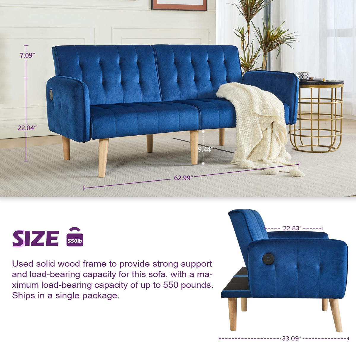65'' Convertible Futon Sofa Bed with USB G94032