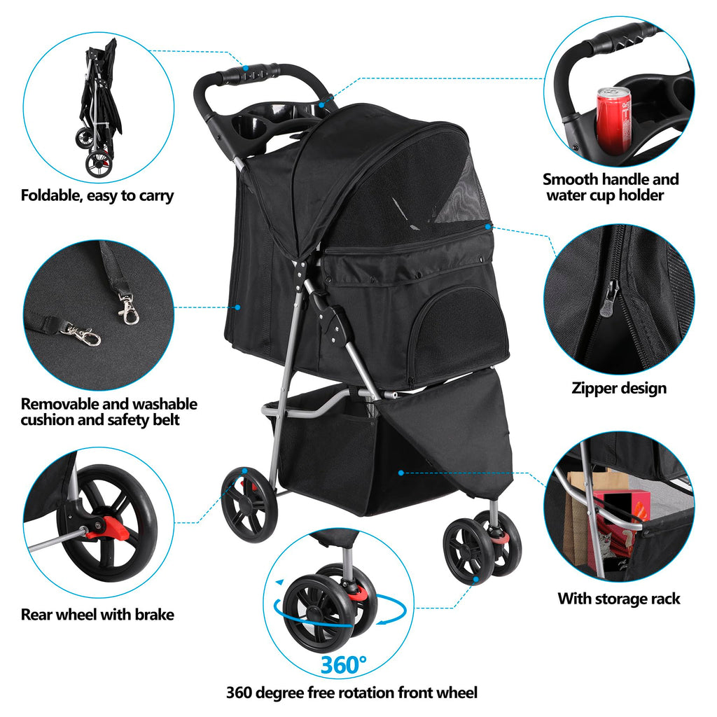 Foldable Pet Stroller with Weather Cover, Storage Basket and Cup Holder O989