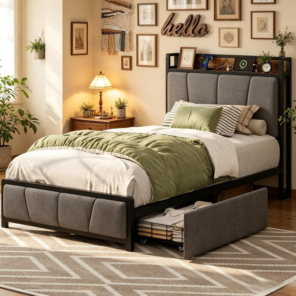 Twin Size Bed Frame with Storage Drawers and Charging Station J85652