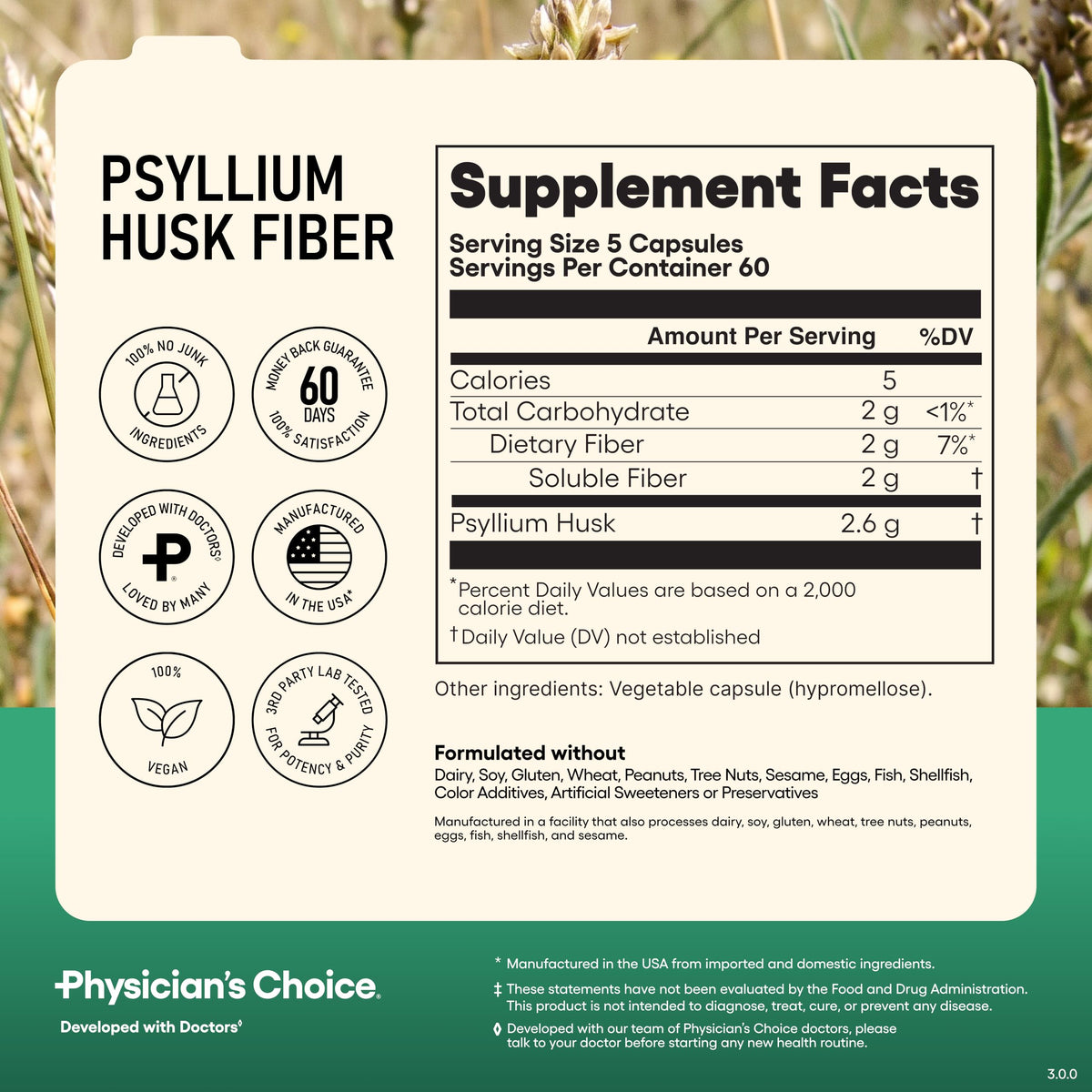 Vegan Psyllium Husk Fiber 300 Capsules M405