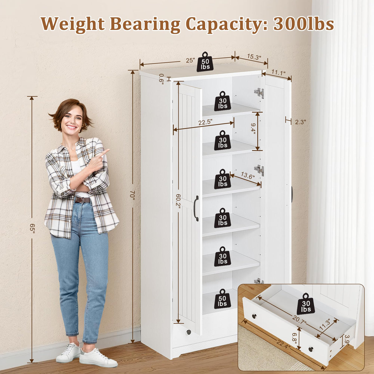70" Tall Wood Storage Cabinet with 6 Adjustable Shelves E221364