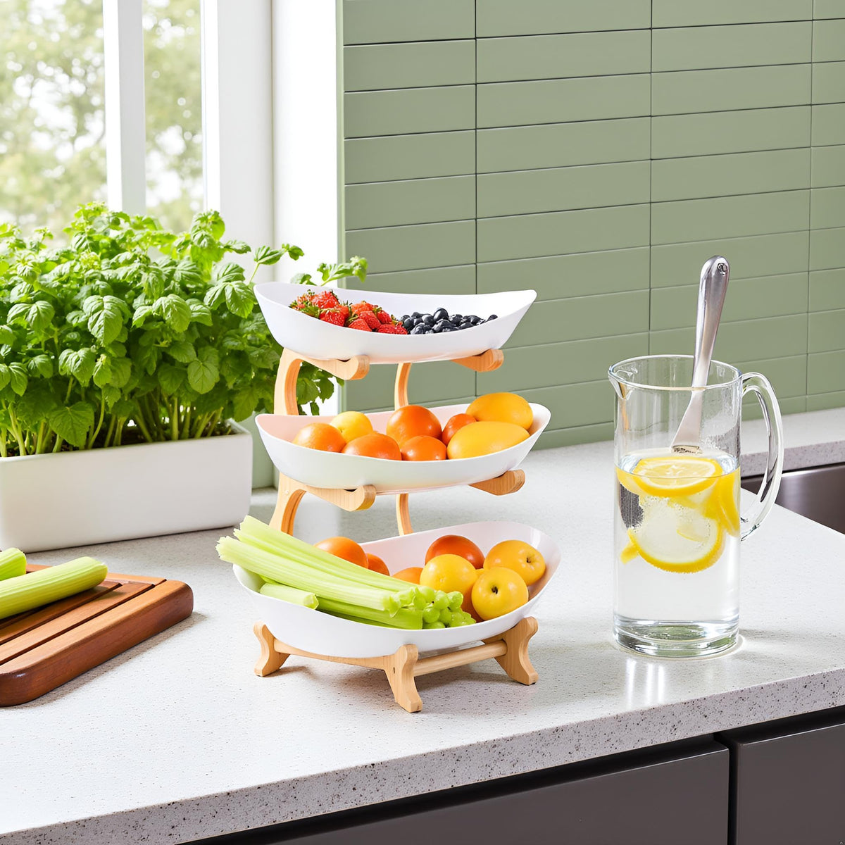 3 Tier Plastic Fruit Bowl with Bamboo Stand F812838