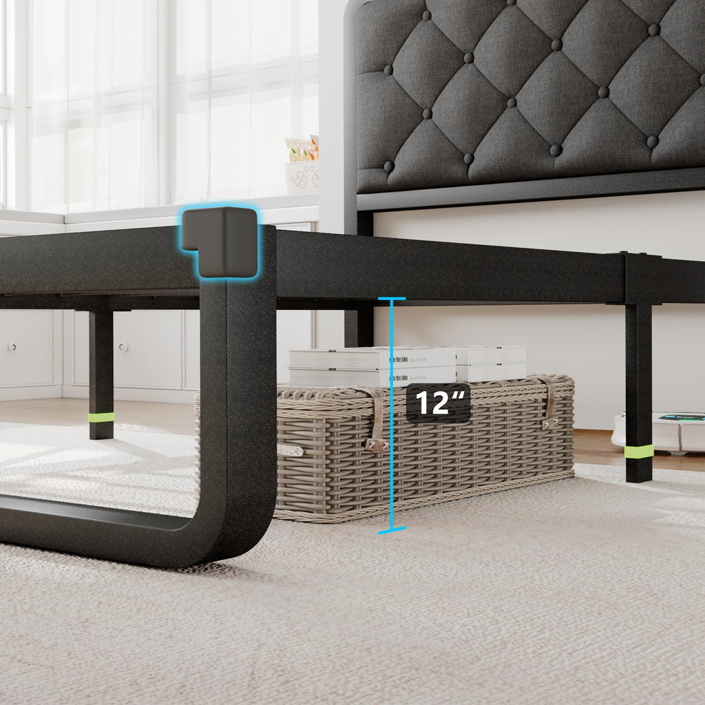 Twin Metal Platform Bed Frame with Linen Upholstered Headboard V75876