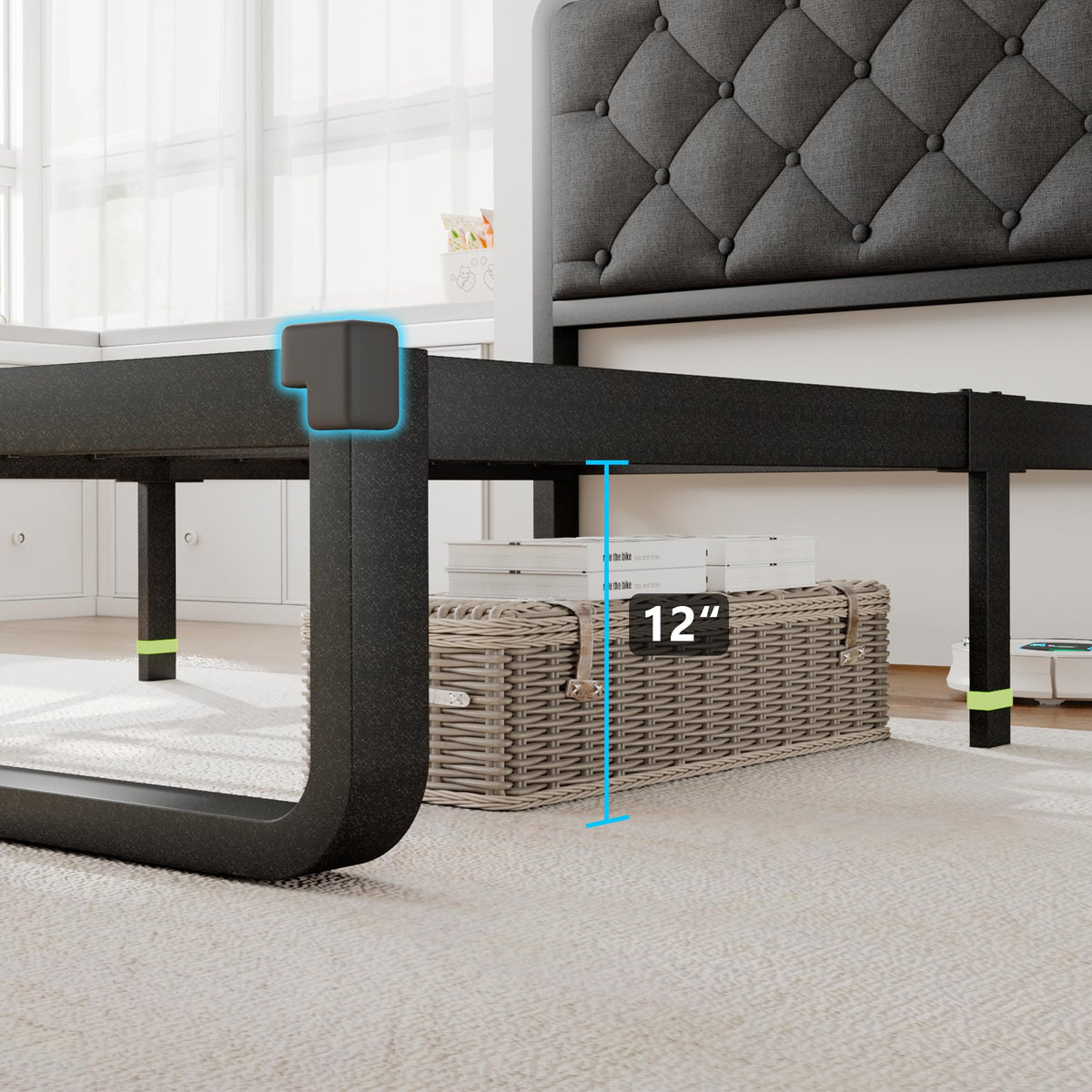 Twin Metal Platform Bed Frame with Linen Upholstered Headboard V75876