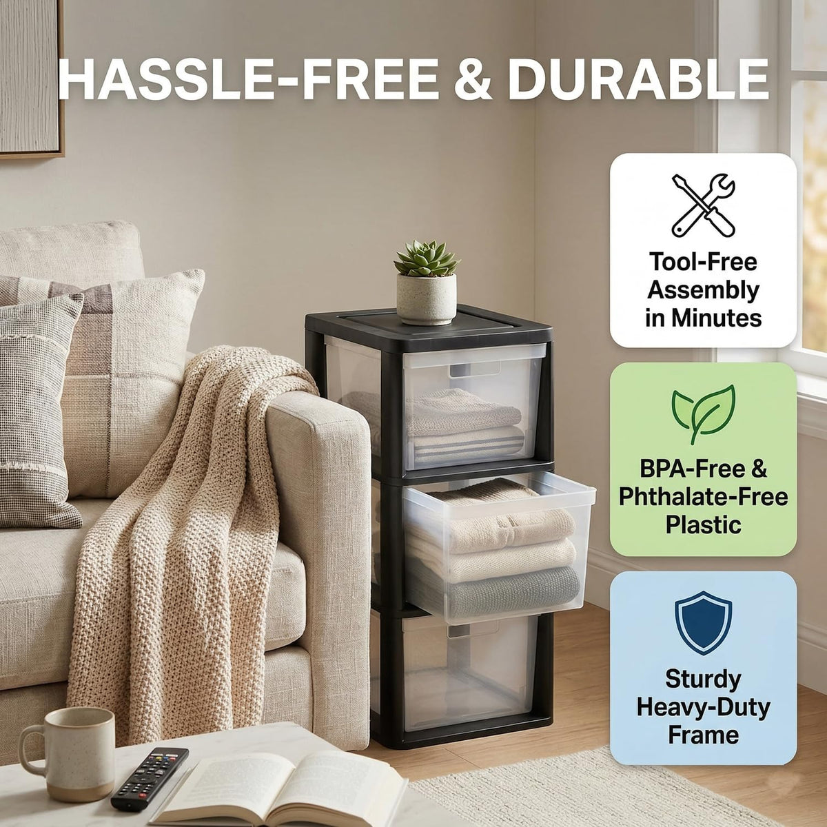 Black 3 Drawer Plastic Storage Tower with Clear Removable Bins H404225