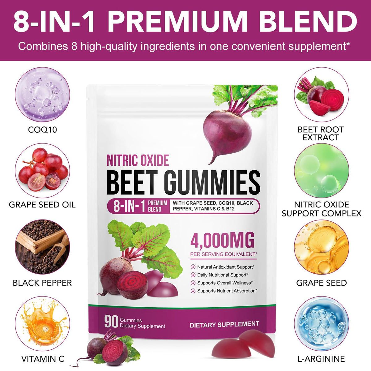 Sugar Free Beet Root Gummies with CoQ10, Grapeseed Extract, Vitamin B12, C R29052