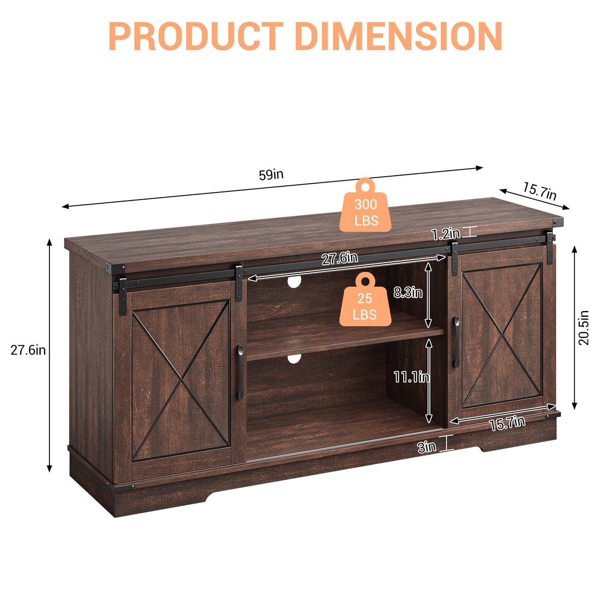 59 Inch TV Stand with Sliding Barn Doors A96208