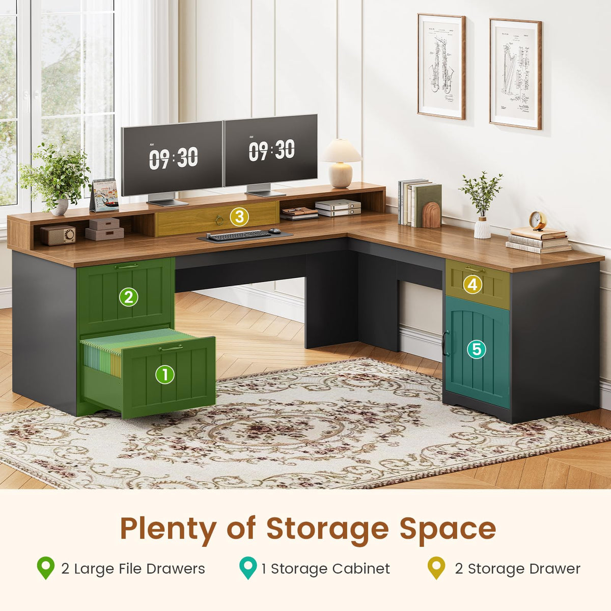 63" L Shaped Desk with Drawers and Storage Cabinet O7139