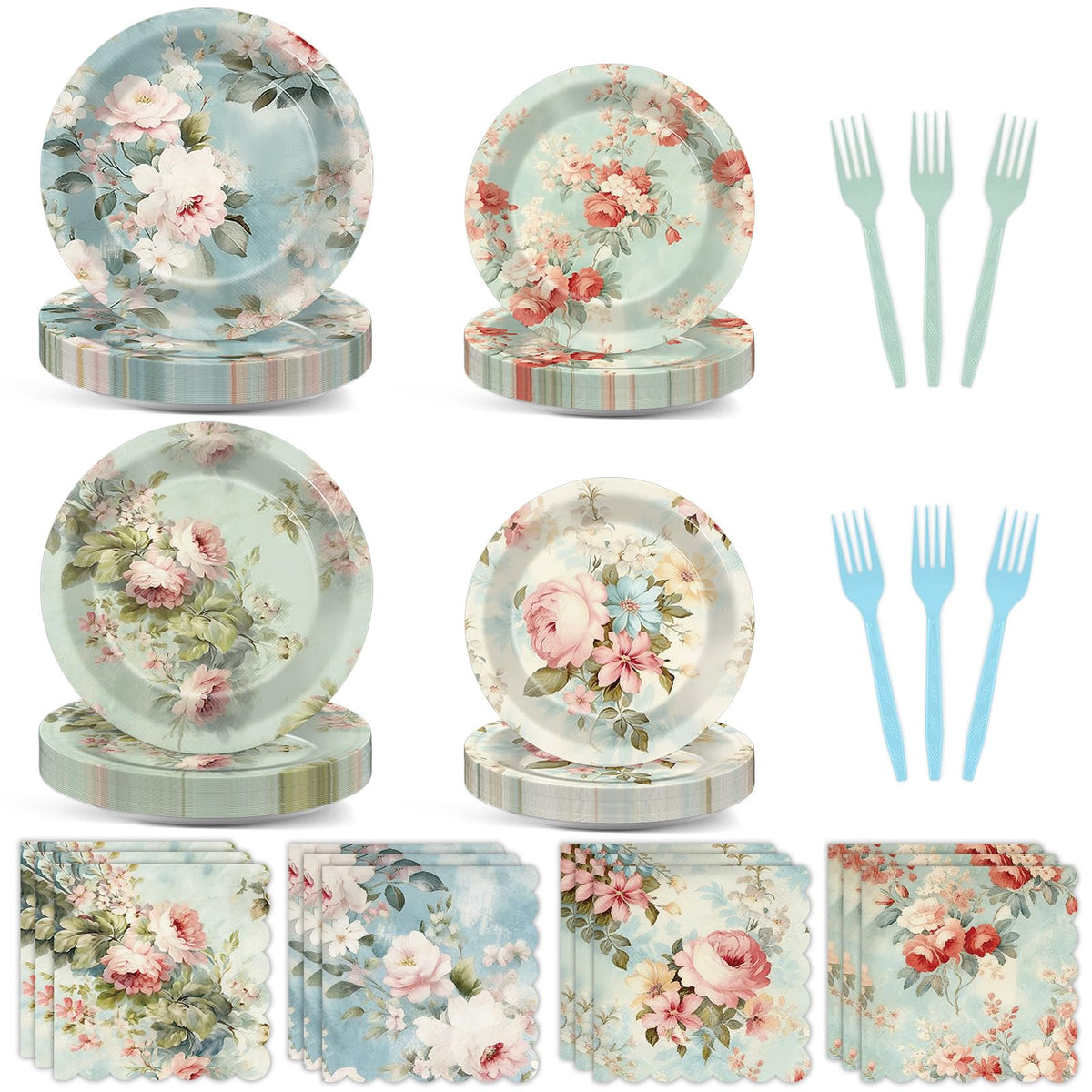 96Pcs Vintage Paper Plates and Napkins Set M921678