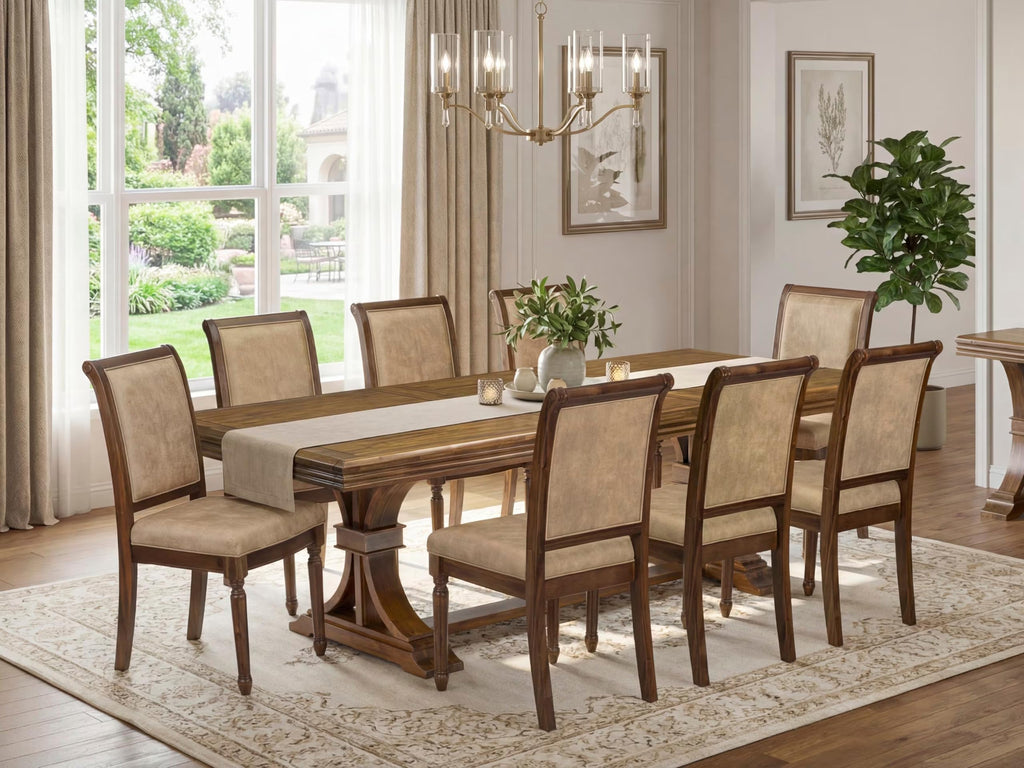 9 Piece Dining Table Set with 8 Beige Polyester Chairs J499