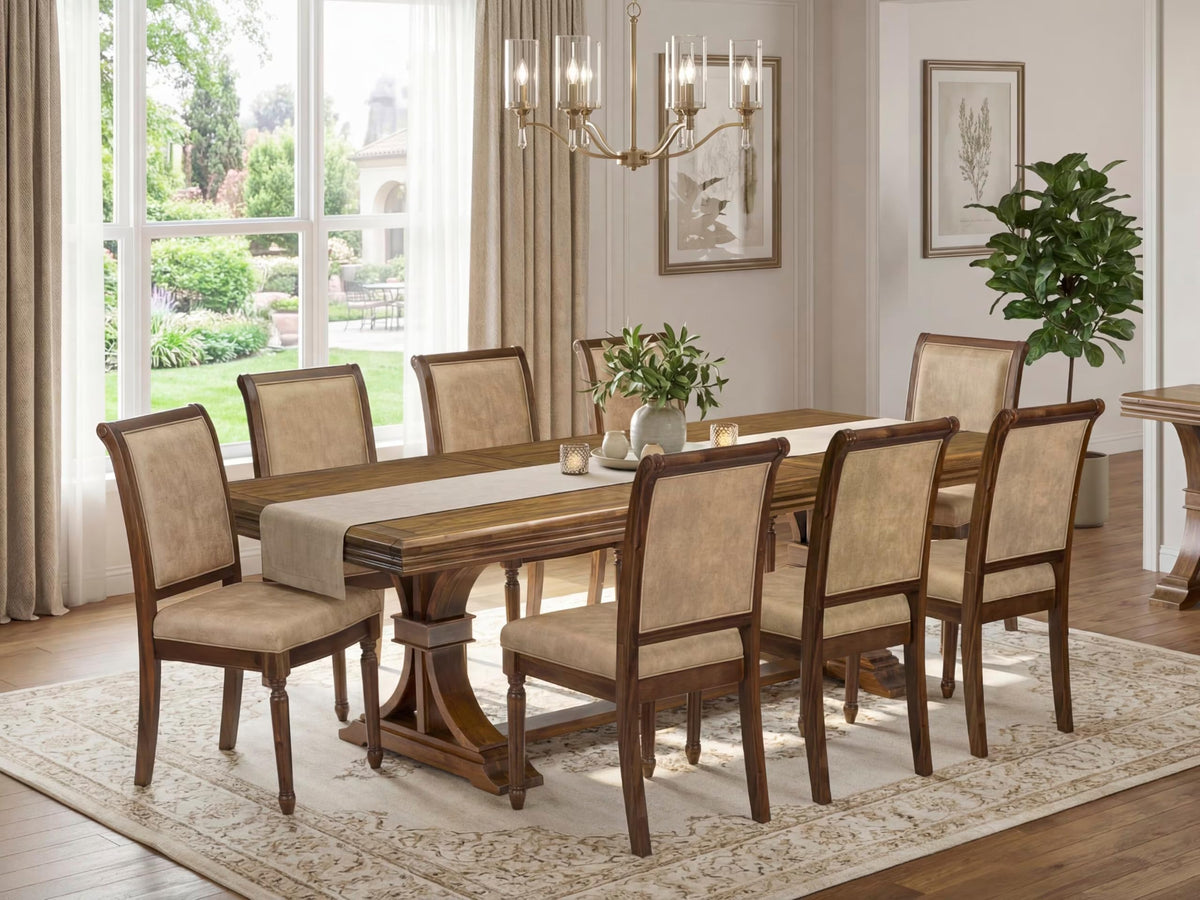 9 Piece Dining Table Set with 8 Beige Polyester Chairs J499