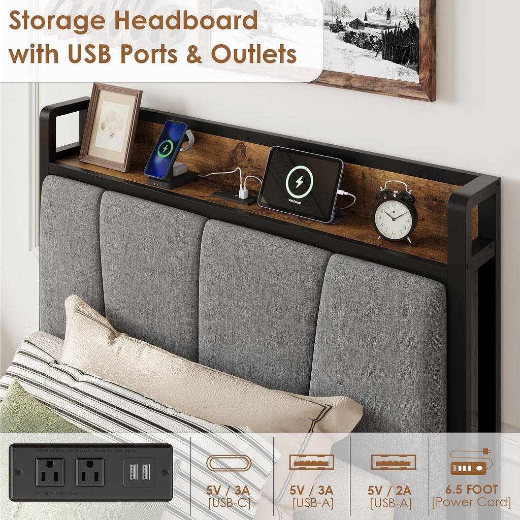 Twin Size Bed Frame with Storage Drawers and Charging Station J85652