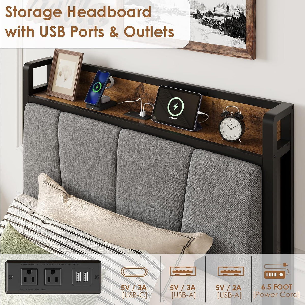 Twin Size Bed Frame with Storage Drawers and Charging Station J85652