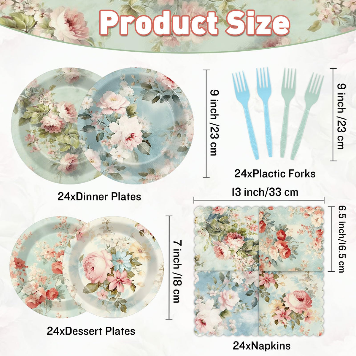 96Pcs Vintage Paper Plates and Napkins Set M921678