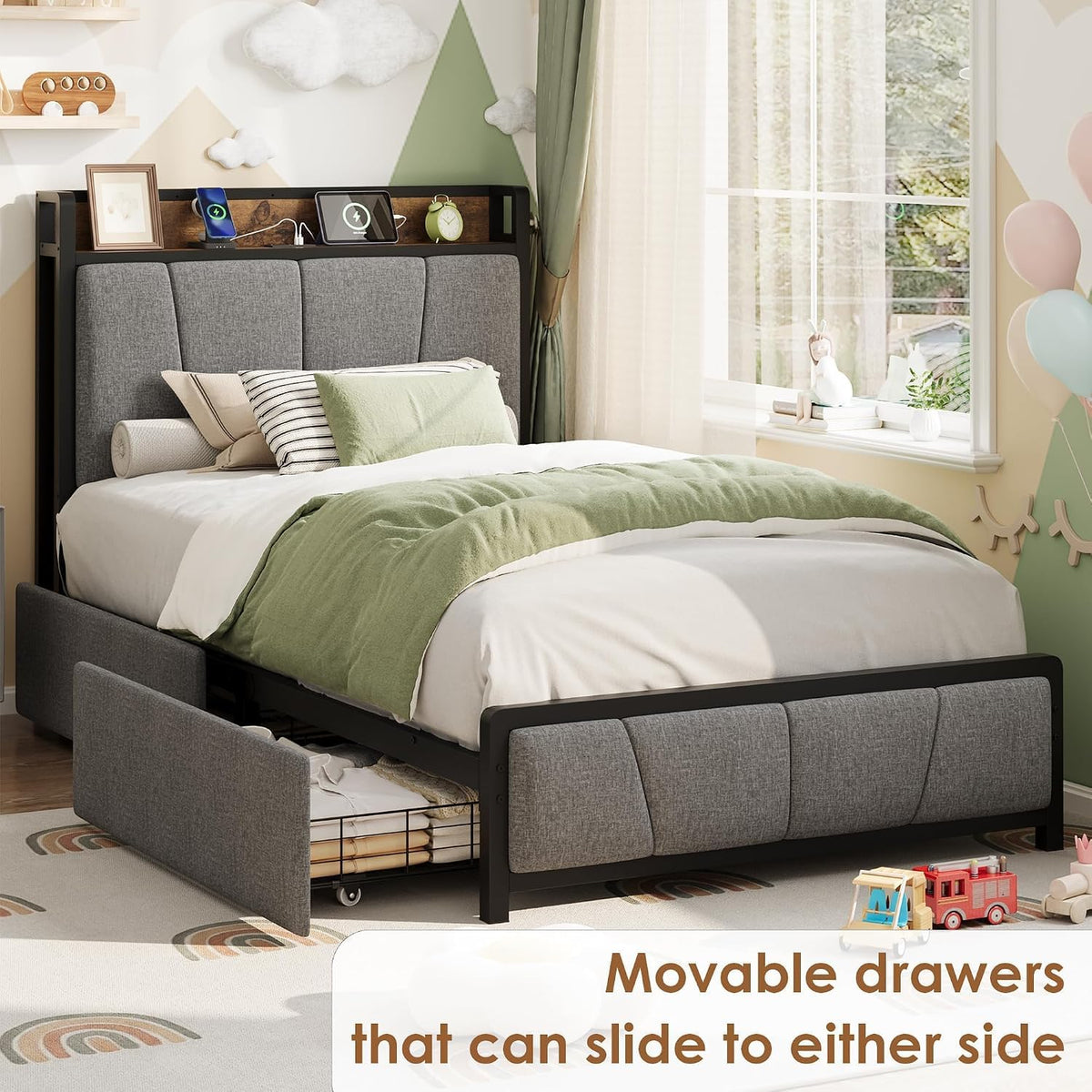 Twin Size Bed Frame with Storage Drawers and Charging Station J85652