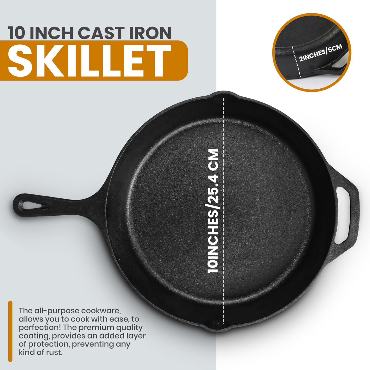 Cast Iron Skillet 10 Inch with Lid Black K258