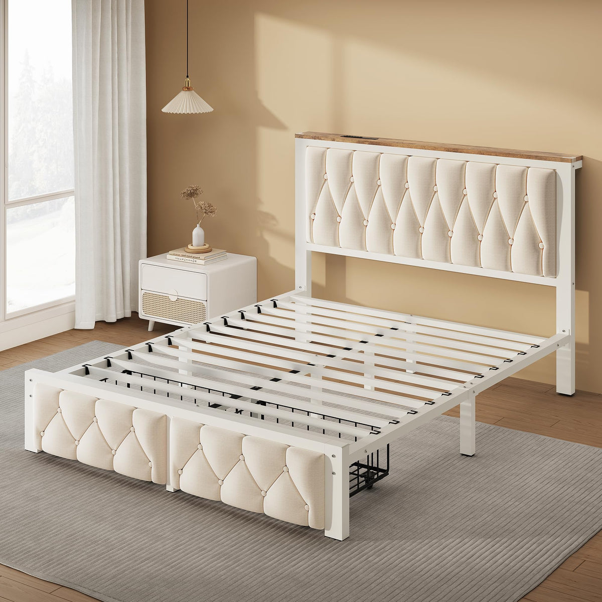 Beige Full Upholstered Platform Bed Frame with 2 Storage Drawers Q98820