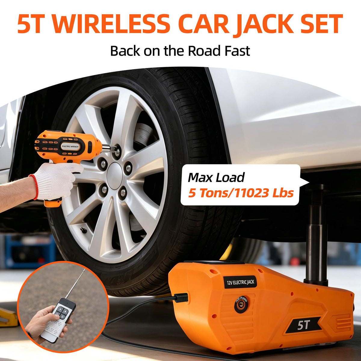 5 Ton 12V Electric Car Jack Kit with Impact Wrench and Tire Inflator Pump G68542