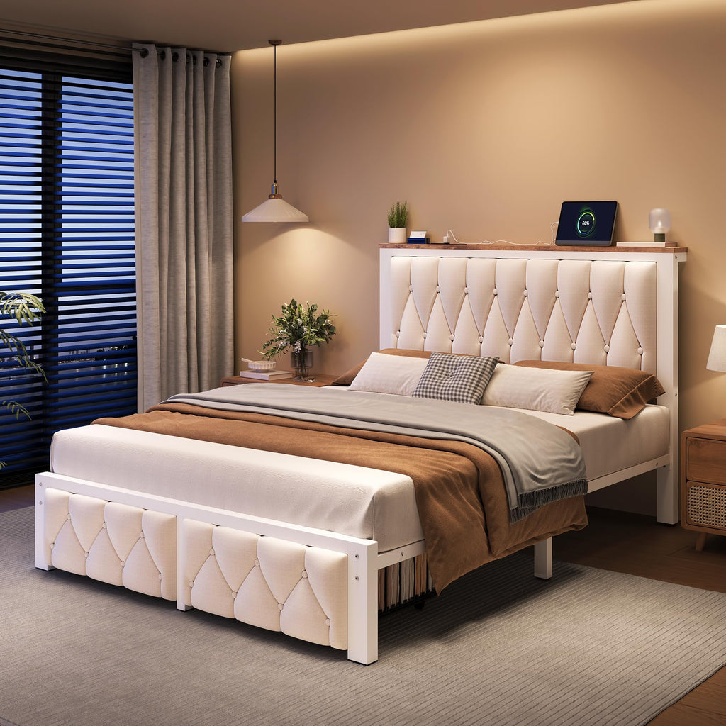 Beige Full Upholstered Platform Bed Frame with 2 Storage Drawers Q98820