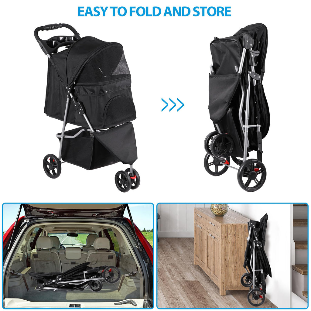 Foldable Pet Stroller with Weather Cover, Storage Basket and Cup Holder O989