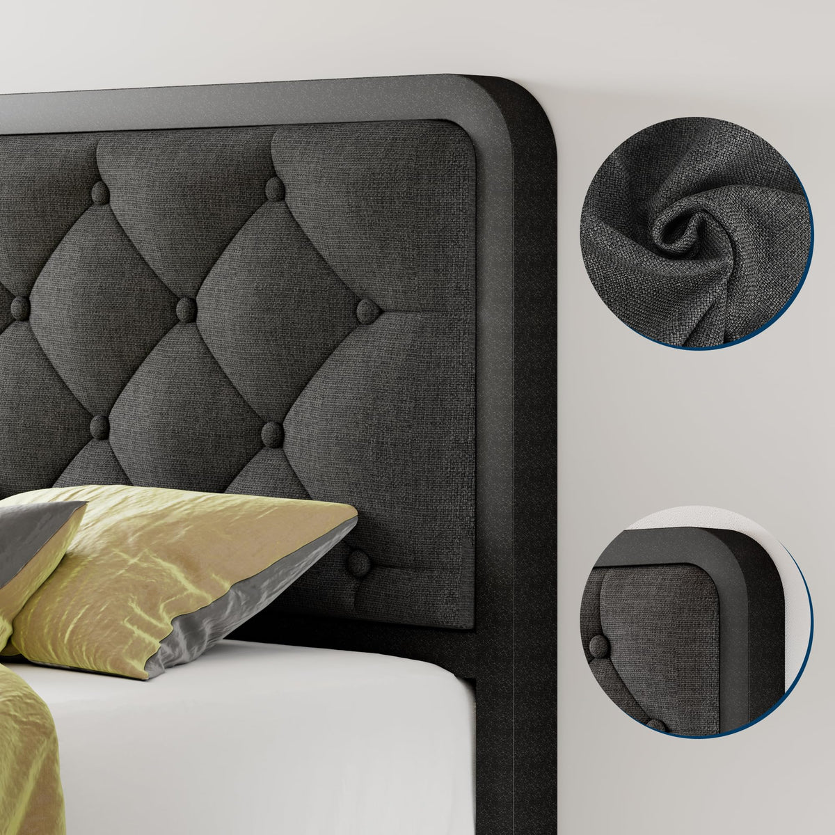 Twin Metal Platform Bed Frame with Linen Upholstered Headboard V75876