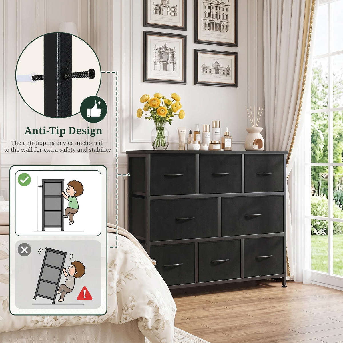 8 Drawer Fabric Dresser with Wood Top V891660