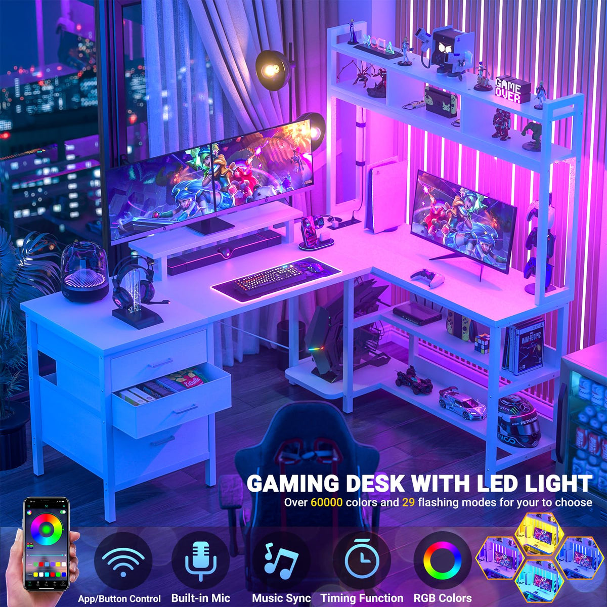White L Shaped Gaming Desk with Hutch and Led Lights T5861