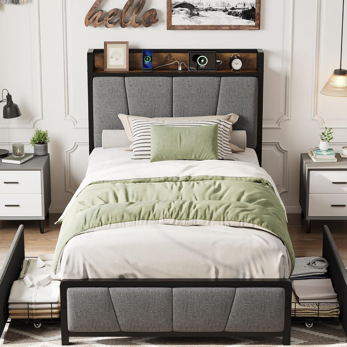 Twin Size Bed Frame with Storage Drawers and Charging Station J85652