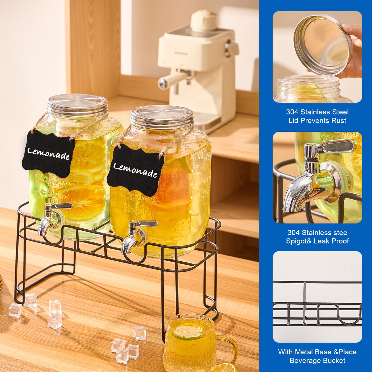 1 Gallon Glass Drink Dispenser with Stand, 2 Pack N472