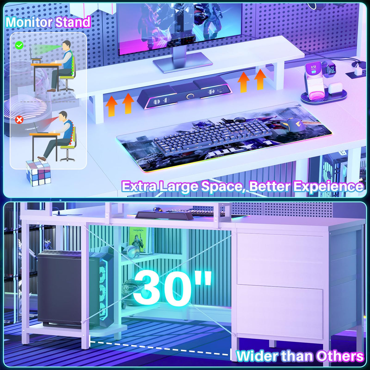 White L Shaped Gaming Desk with Hutch and Led Lights T5861