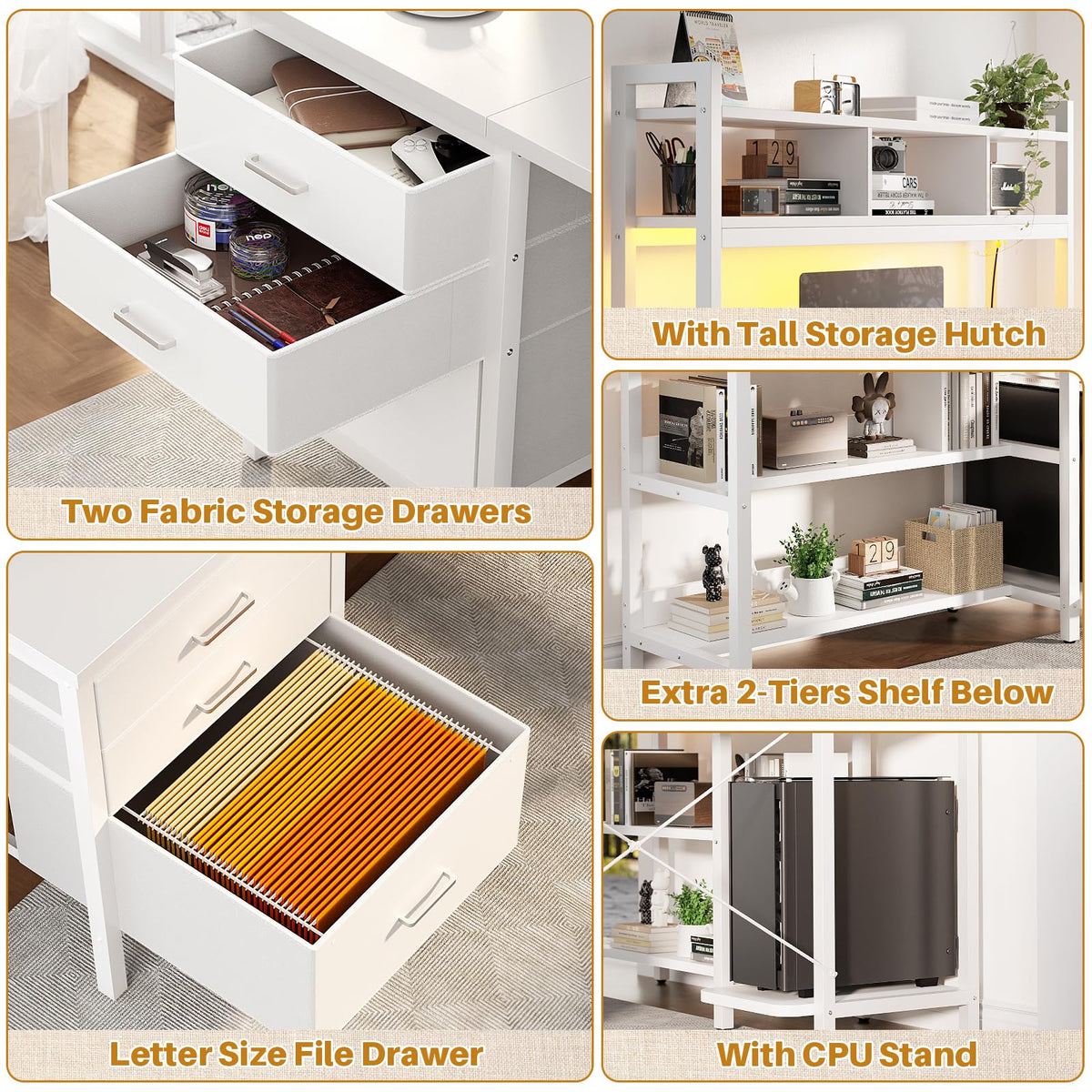 White L Shaped Gaming Desk with Hutch and Led Lights T5861