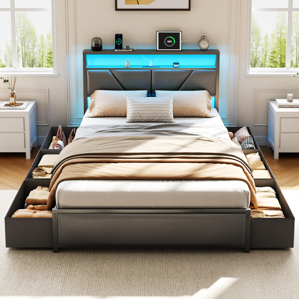 Full Size Bed Frame with Storage Headboard S376