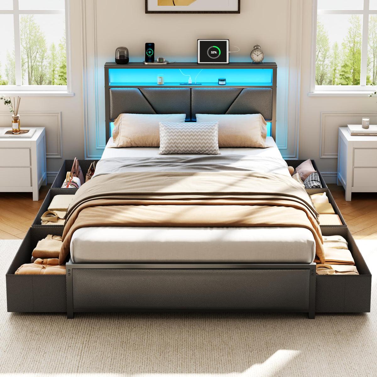 Full Size Bed Frame with Storage Headboard S376