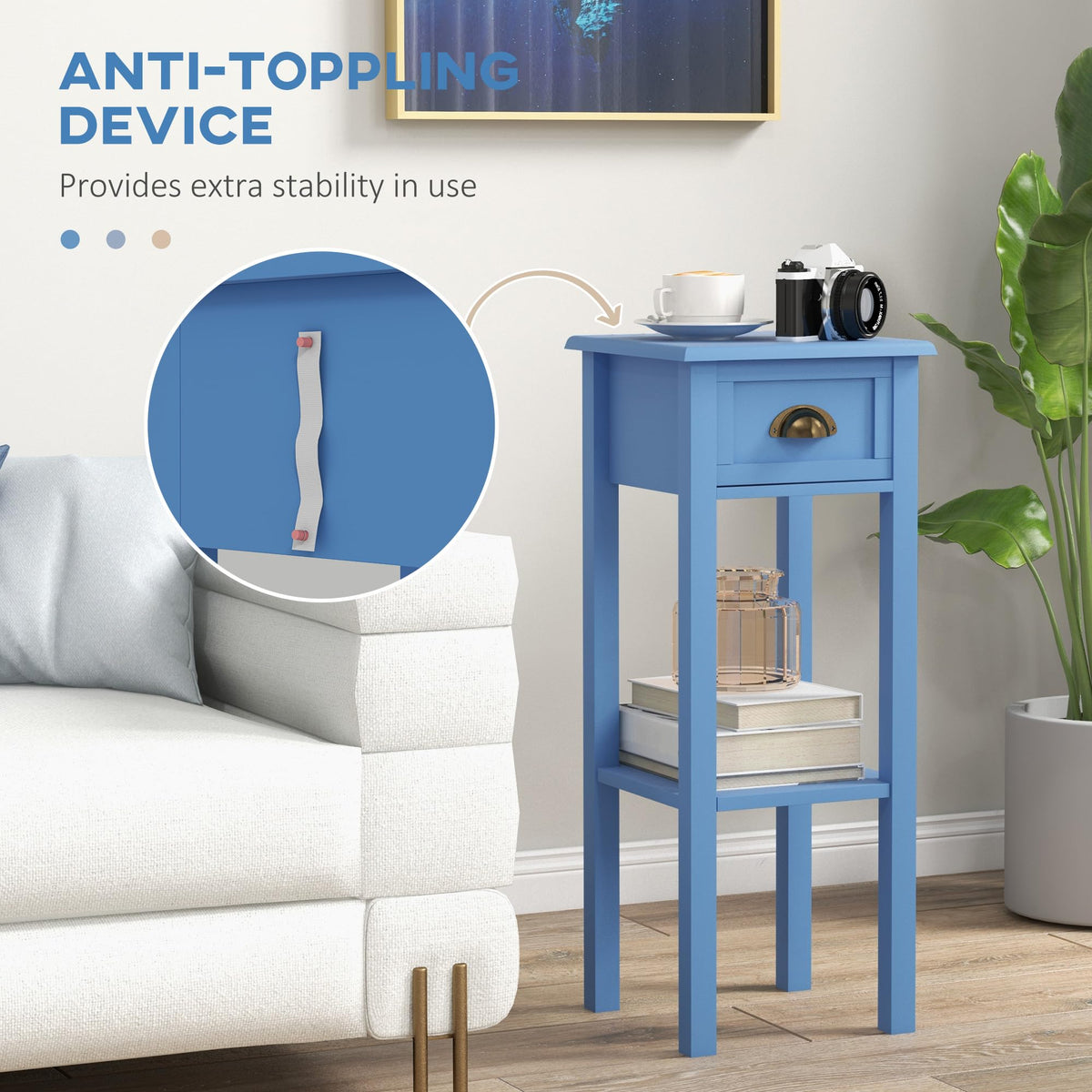 Narrow End Table with Drawer and Bottom Shelf Light Blue M56790
