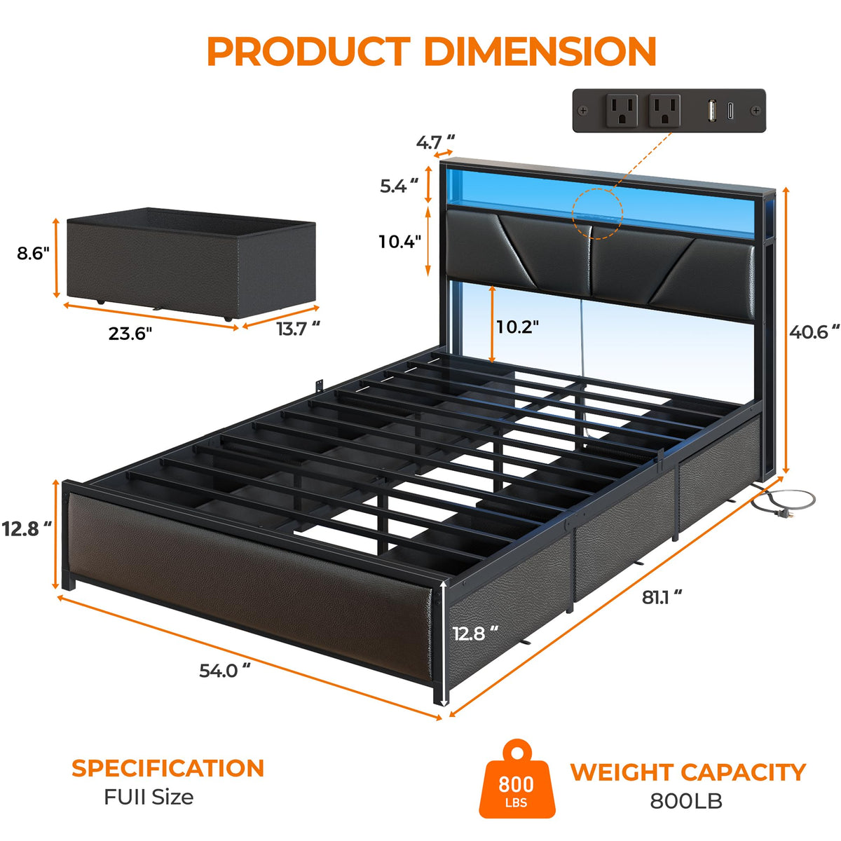 Full Size Bed Frame with Storage Headboard S376