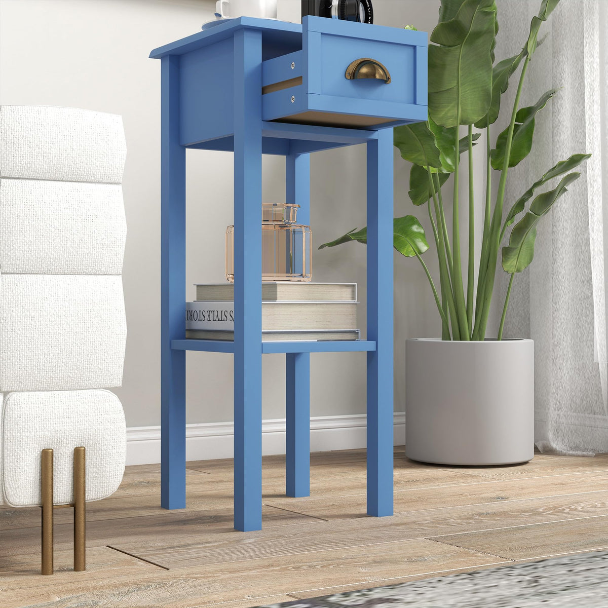 Narrow End Table with Drawer and Bottom Shelf Light Blue M56790