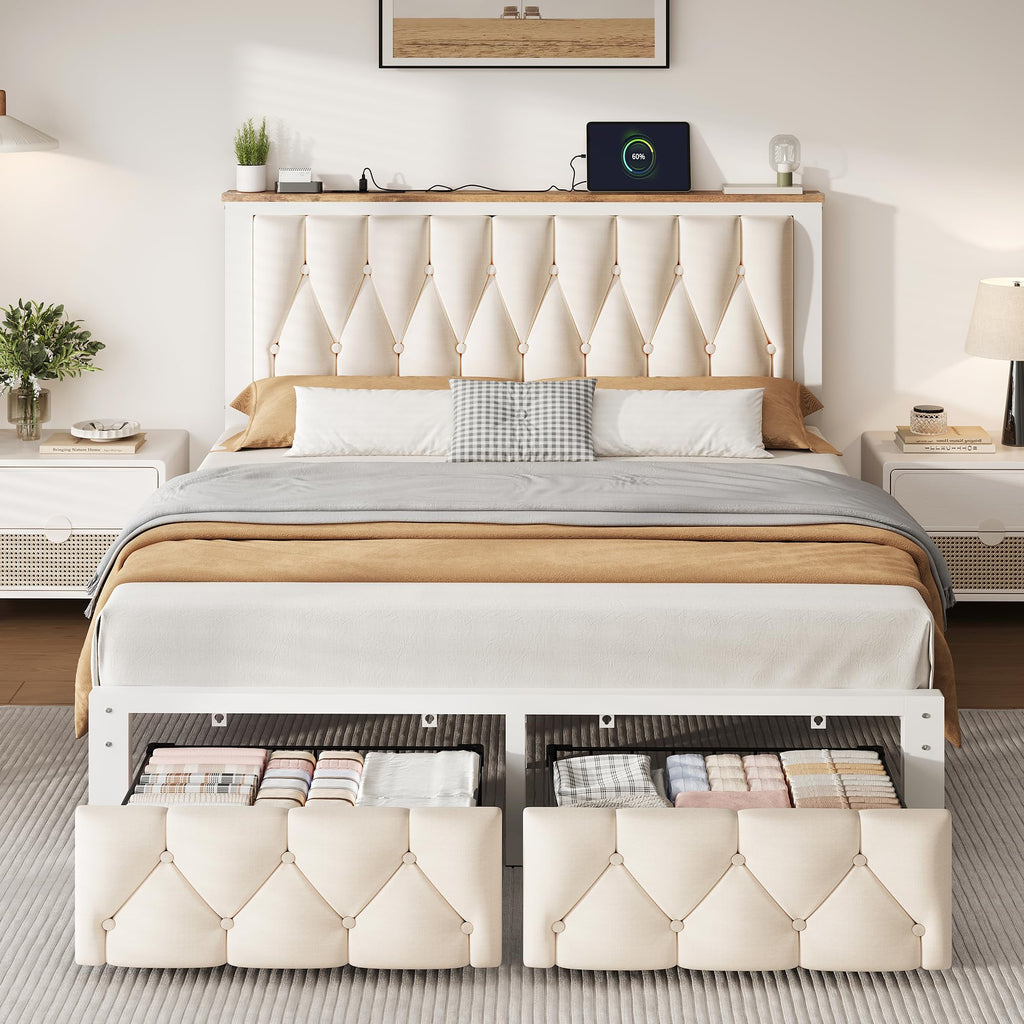 Beige Full Upholstered Platform Bed Frame with 2 Storage Drawers Q98820