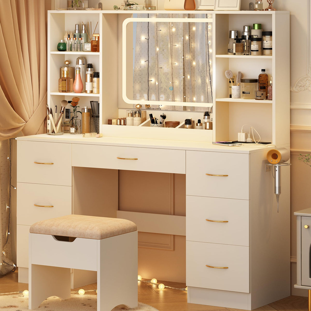 47" White Vanity Desk with Mirror and Lights E3227