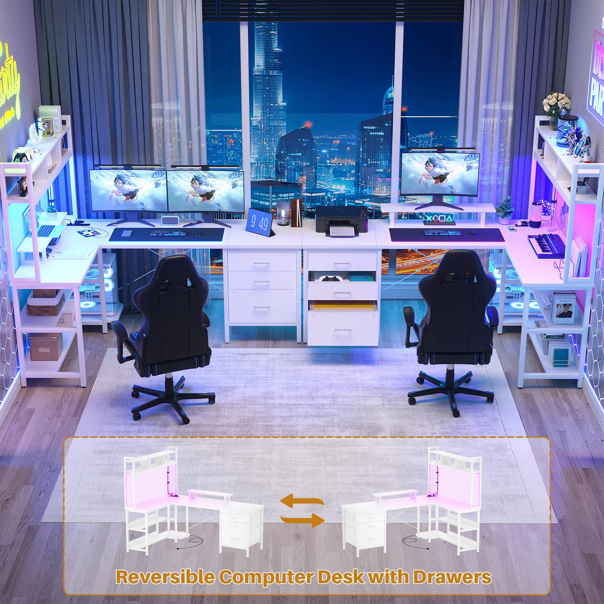 White L Shaped Gaming Desk with Hutch and Led Lights T5861