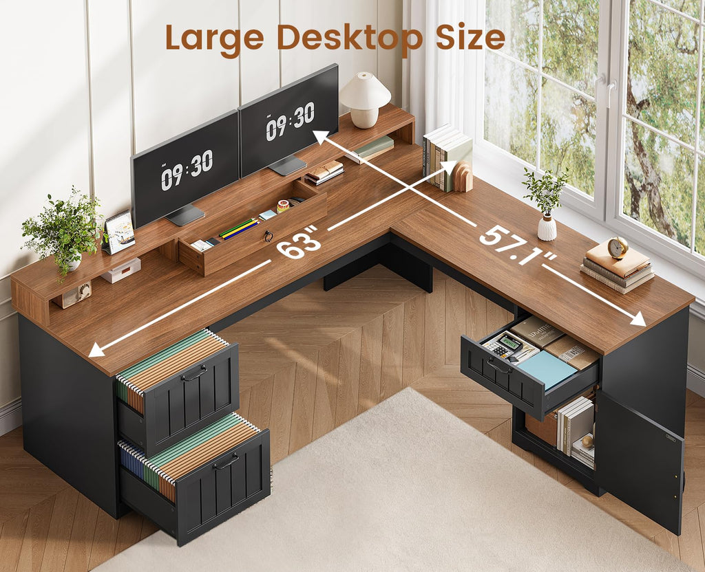 63" L Shaped Desk with Drawers and Storage Cabinet O7139