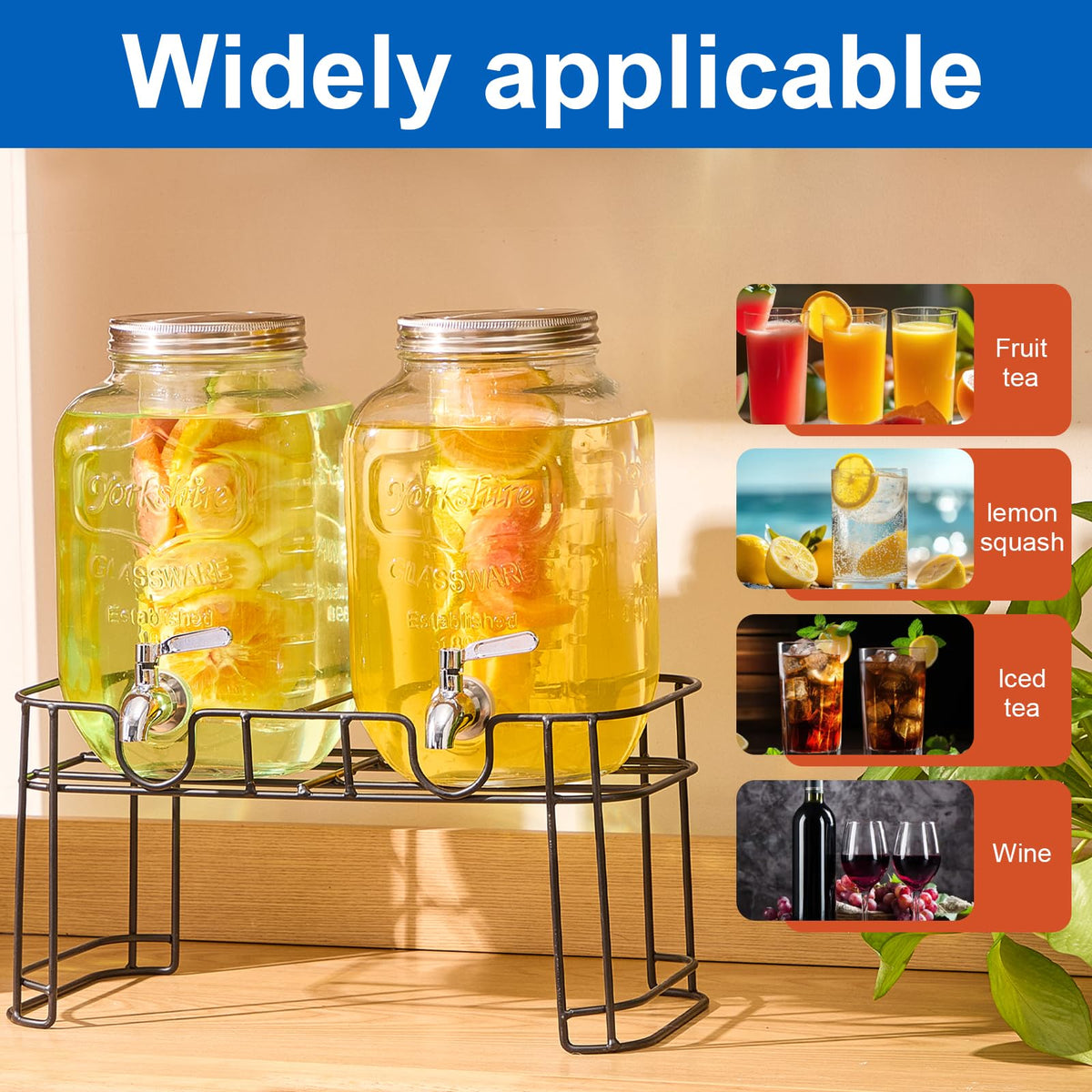 1 Gallon Glass Drink Dispenser with Stand, 2 Pack N472