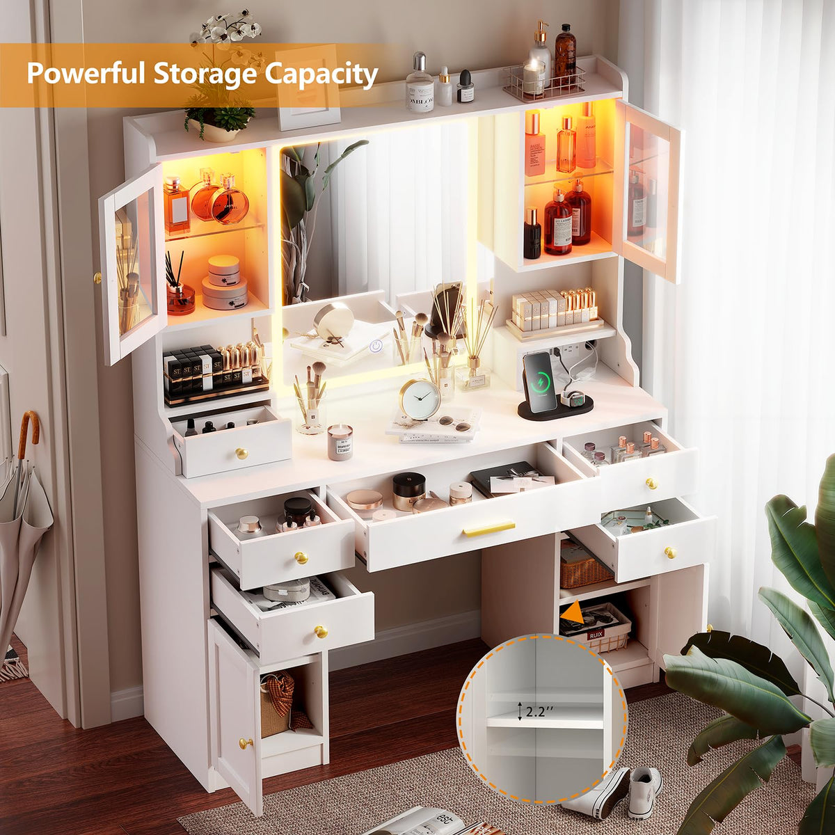 White Makeup Vanity Desk with LED Mirror V65749
